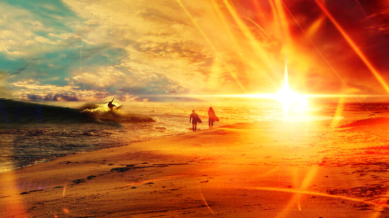 Surfers at Sunset — Orange, Dramatic, Digital Art