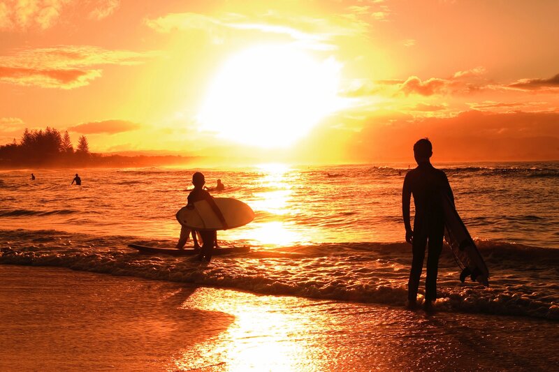 Surfers at Sunset — Orange, Dramatic, Photograph, Ocean