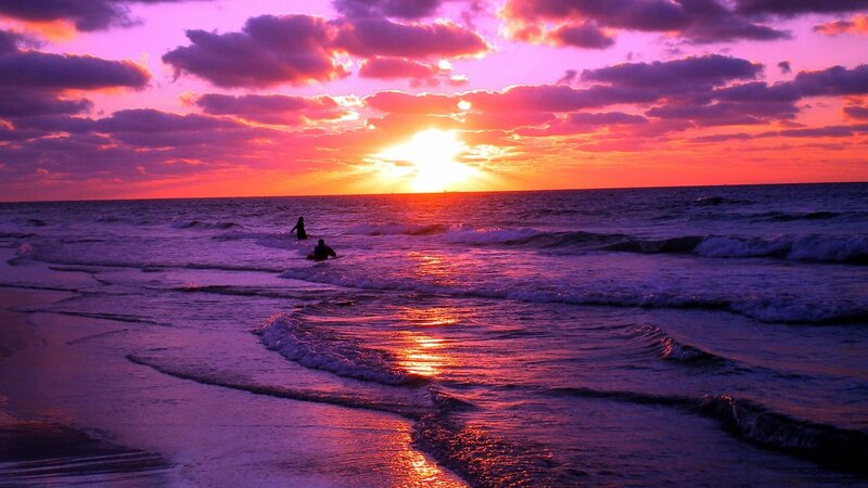 Surfers at Sunset — Purple, Dramatic, Photograph, Ocean, Sky, Clouds