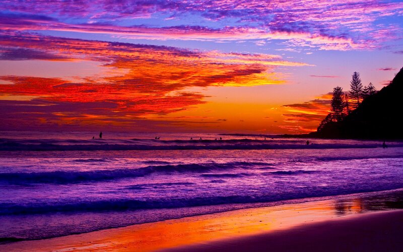 Surfers at Sunset — Purple, Dramatic, Photograph, Ocean, Sky