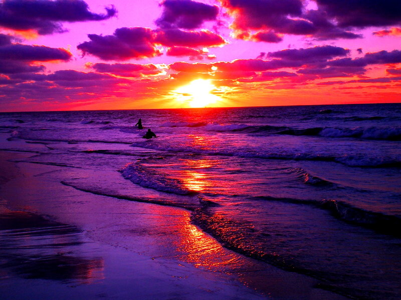 Surfers at Sunset — Purple, Dramatic, Photograph