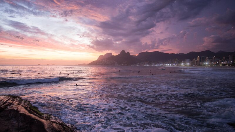 Surfers at Sunset — Purple, Serene