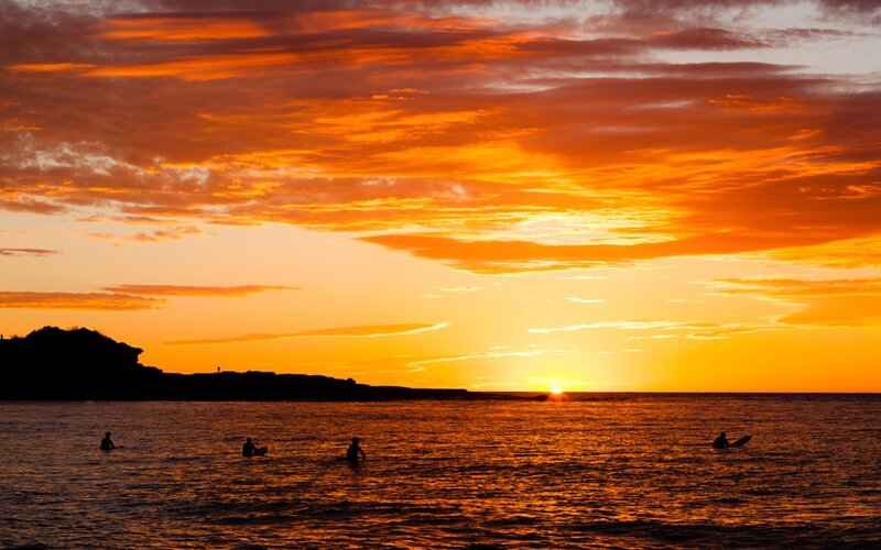 Surfers at sunset
