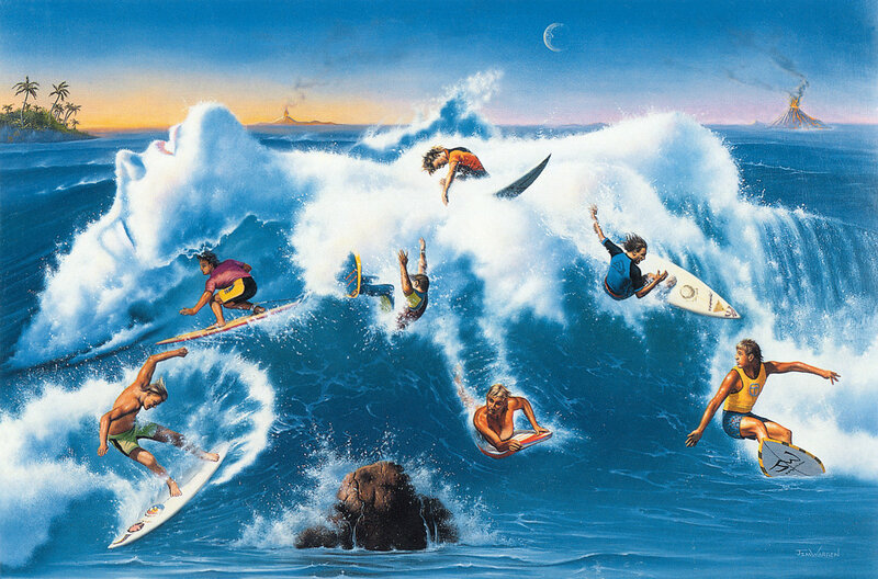 Surfers on Ocean Waves