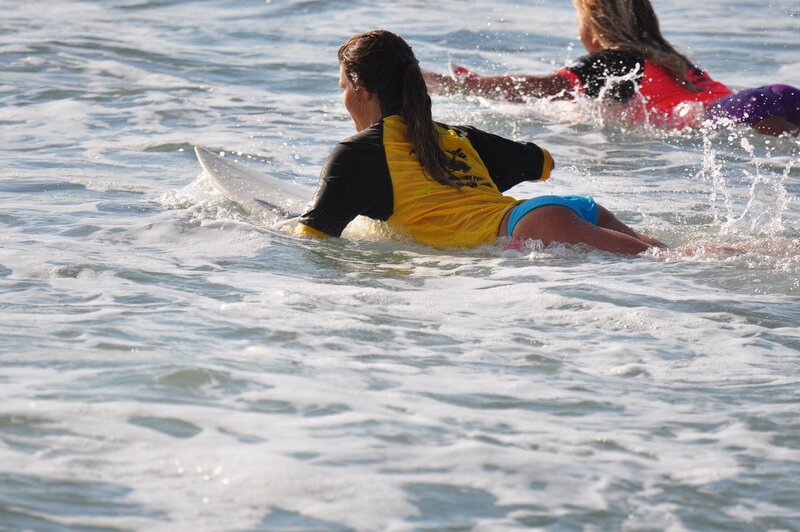 Surfers paddling in the ocean