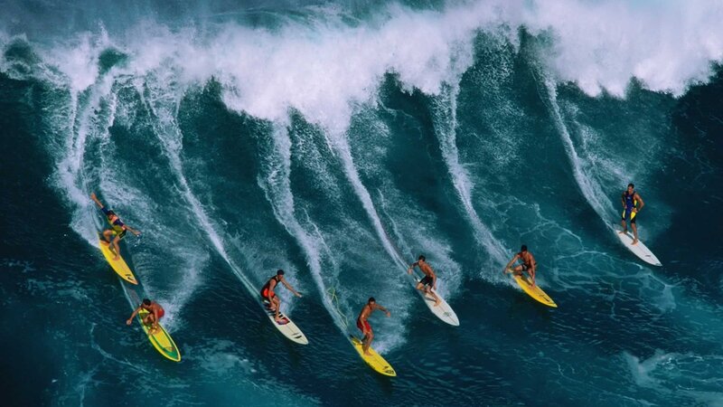Surfers Riding Wave — Blue, Dynamic, Afternoon