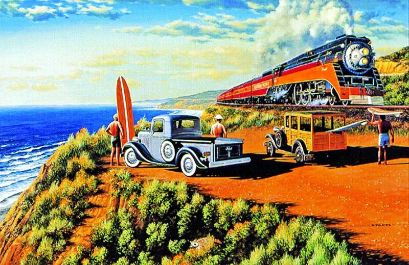 Surfing Men with Vintage Cars