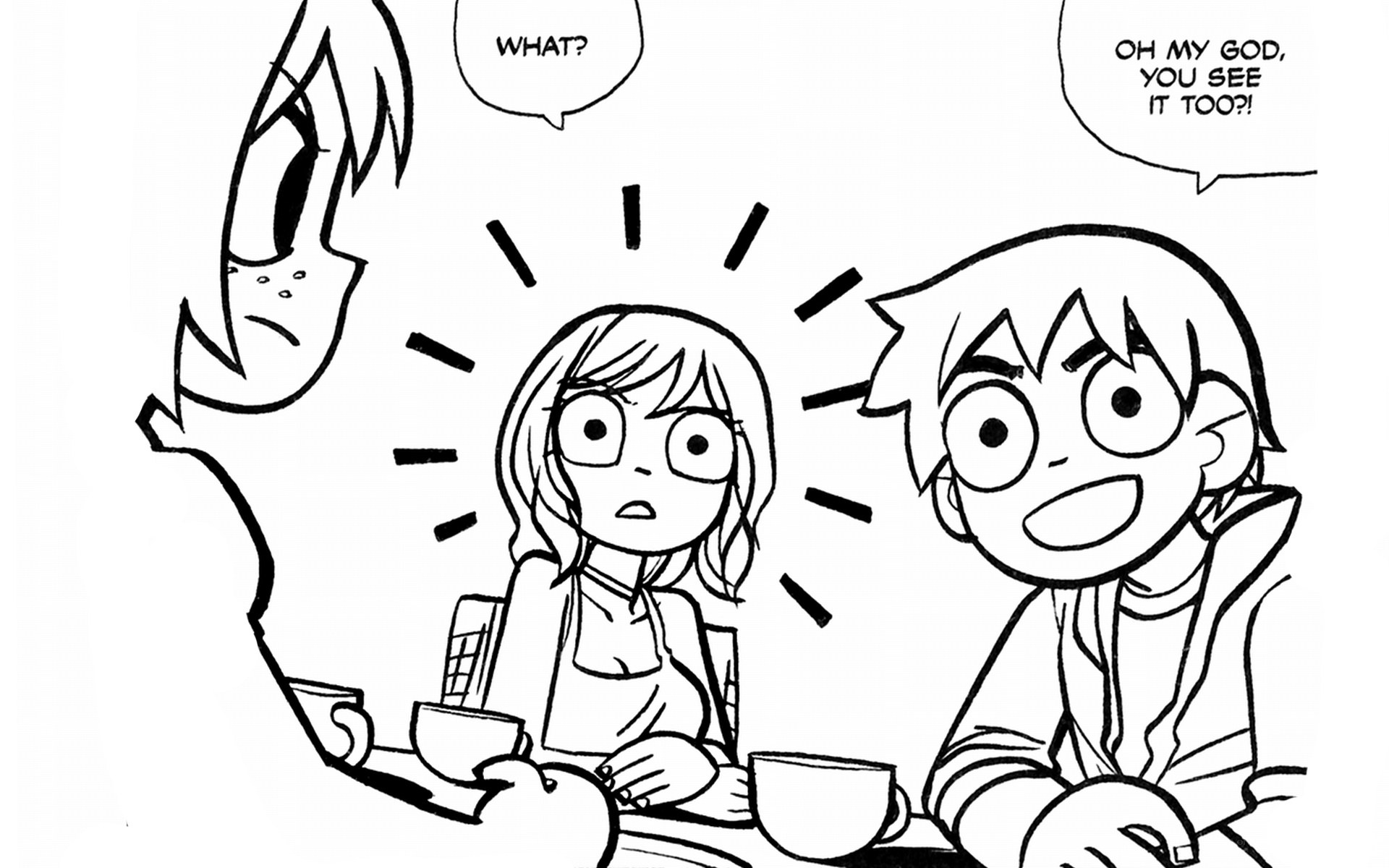 surprised friends at cafe