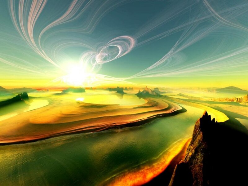 Surreal alien landscape at sunrise