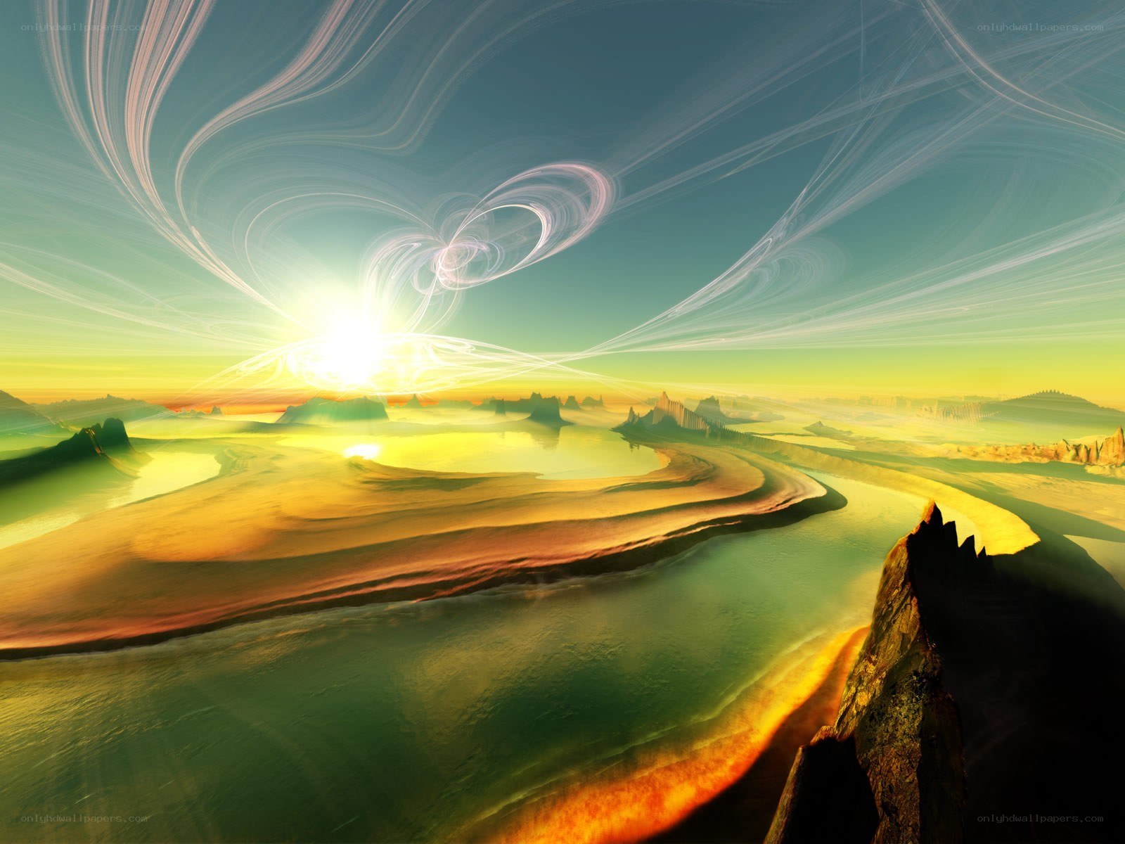 Surreal alien landscape at sunrise