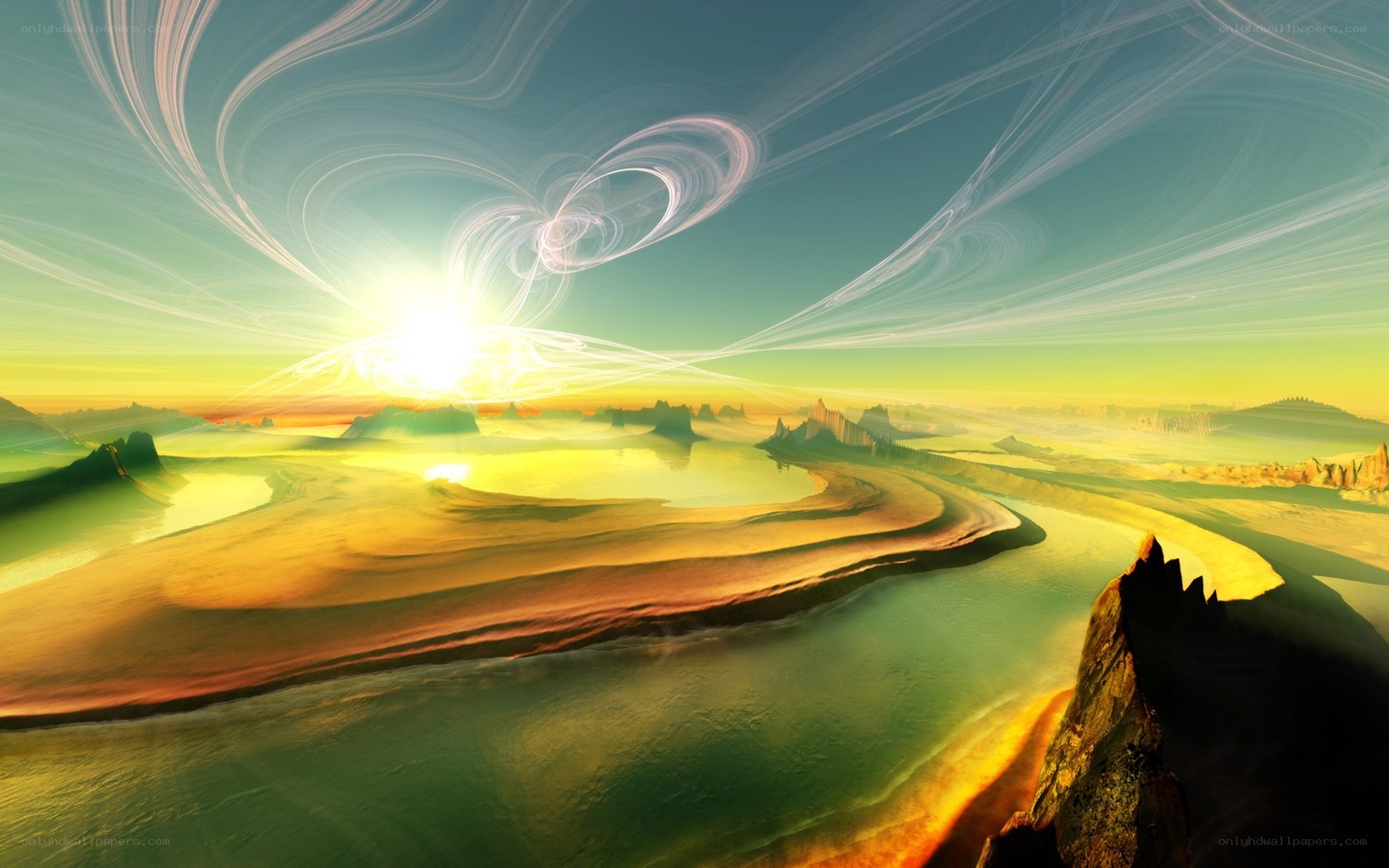 Surreal alien landscape at sunrise