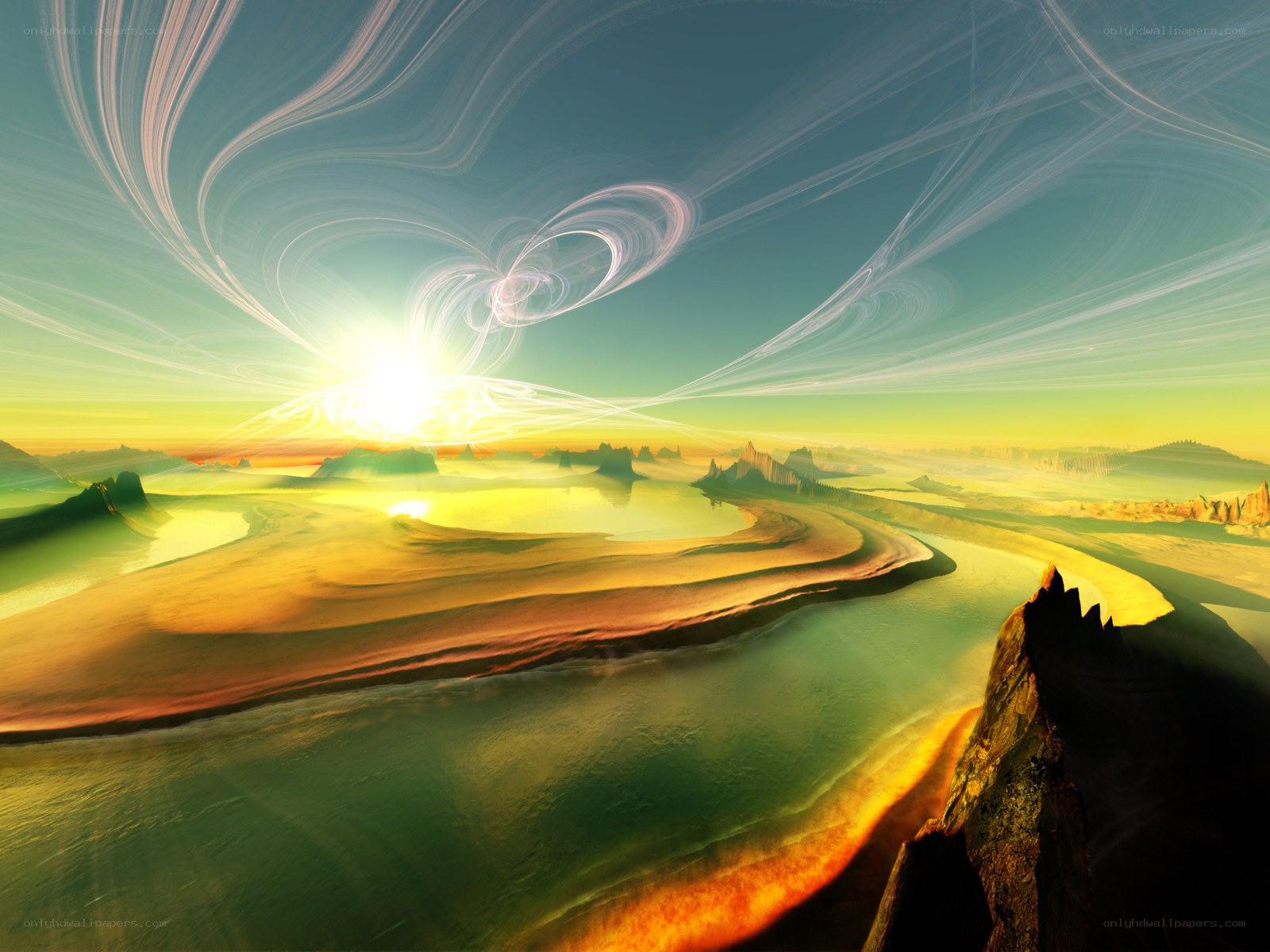 Surreal alien landscape at sunrise