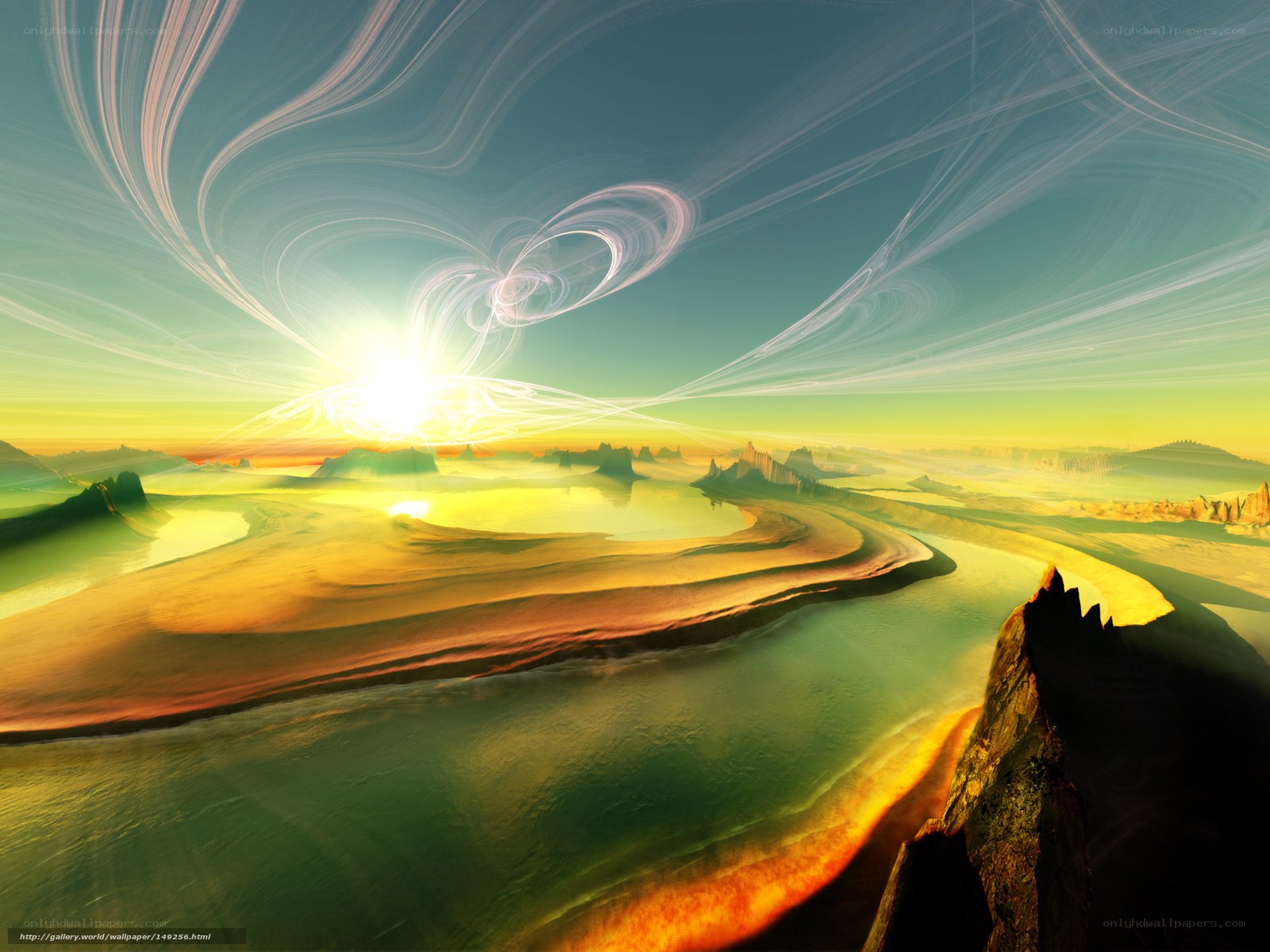 Surreal alien landscape at sunrise