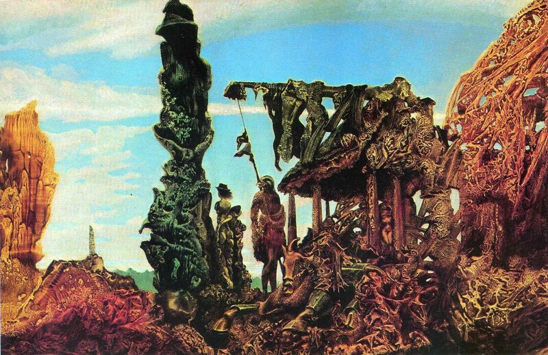 Surreal alien landscape with figures