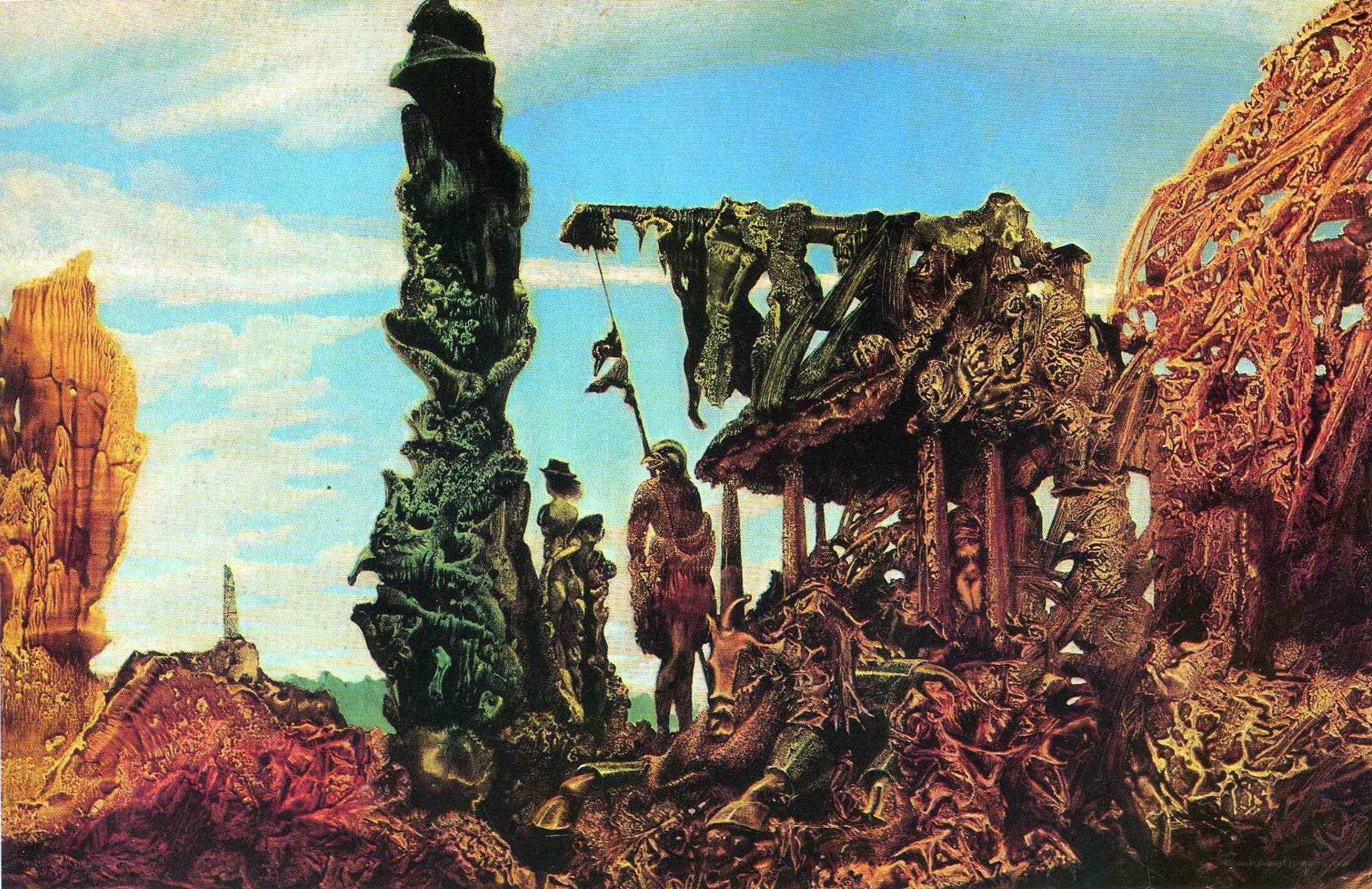 Surreal alien landscape with figures