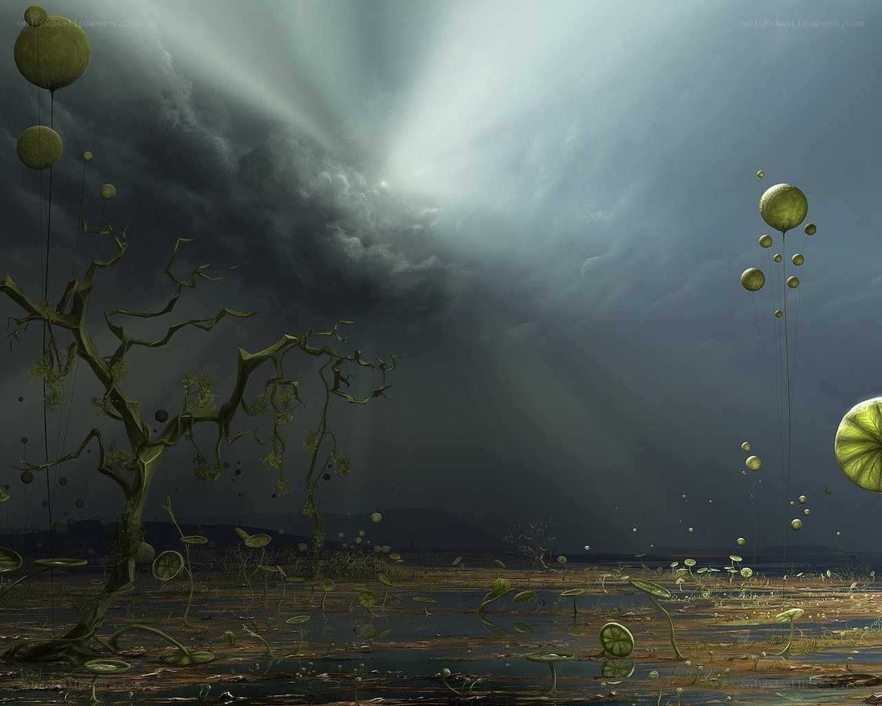 Surreal alien landscape with floating spheres