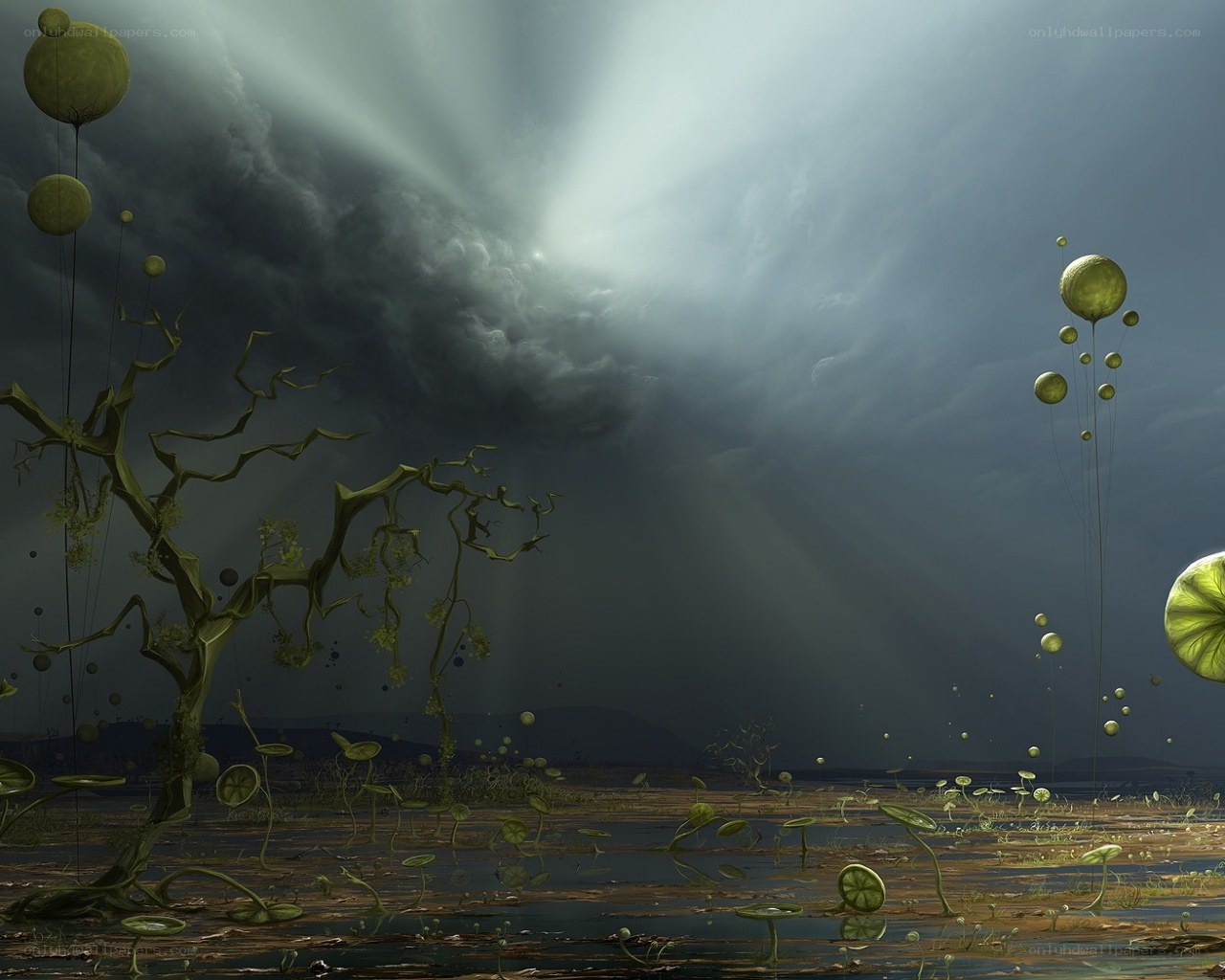 Surreal alien landscape with floating spheres