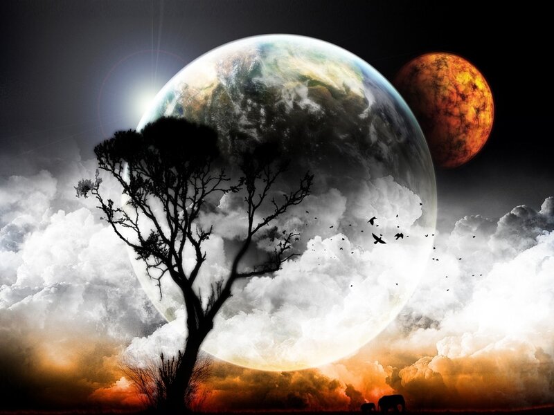 Surreal alien landscape with planets