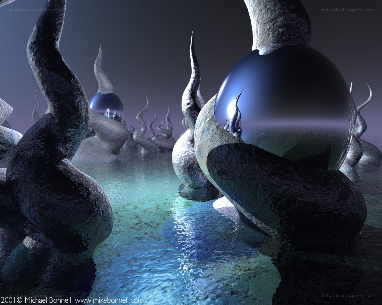 Surreal alien landscape with spheres