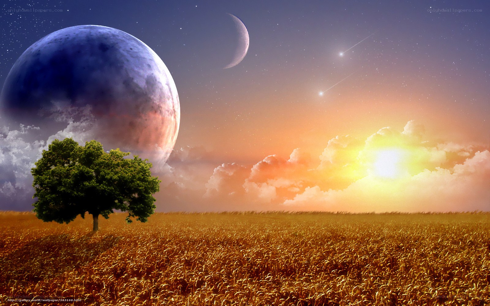 Surreal alien landscape with tree