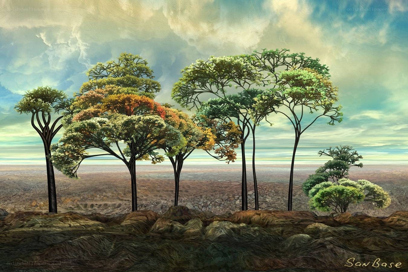 Surreal alien landscape with trees