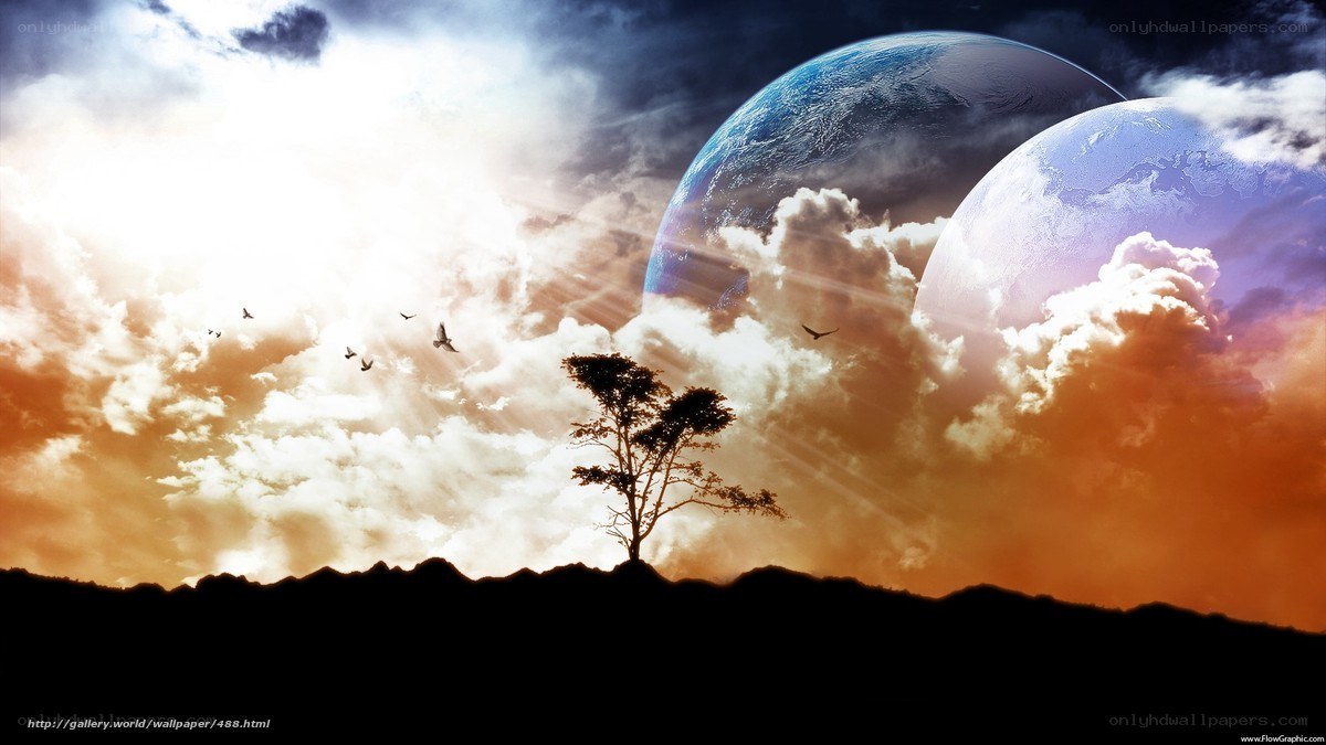Surreal alien landscape with twin planets