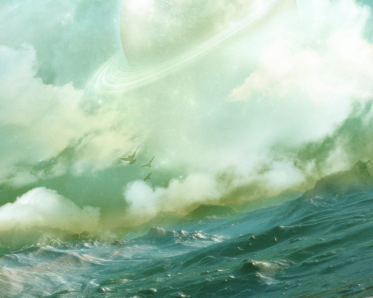 Surreal alien seascape with rings