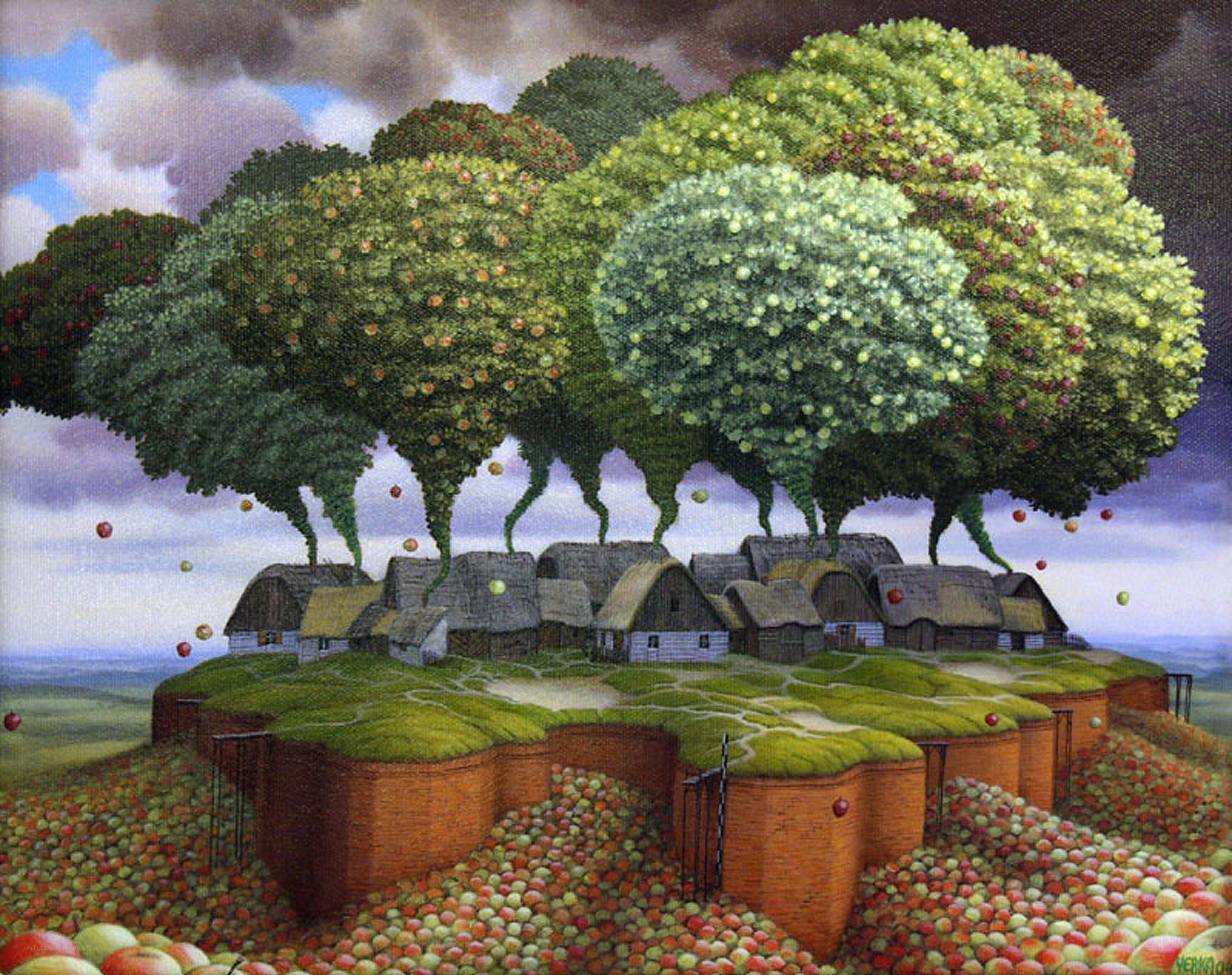 Surreal apple tree village