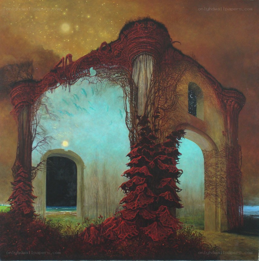 Surreal archway with red vines