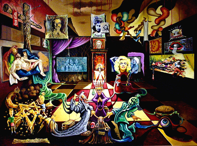 Surreal art collage with religious and pop culture symbols