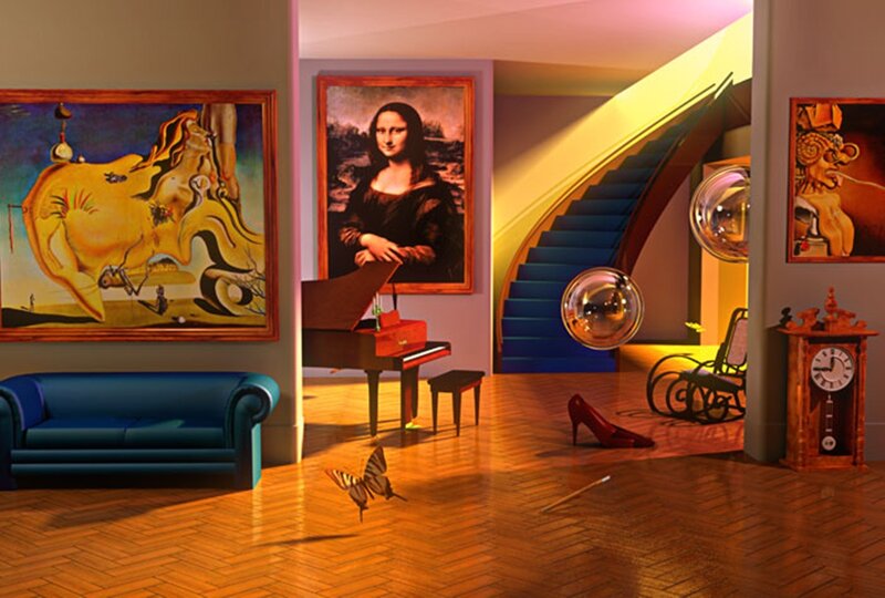 Surreal art gallery interior