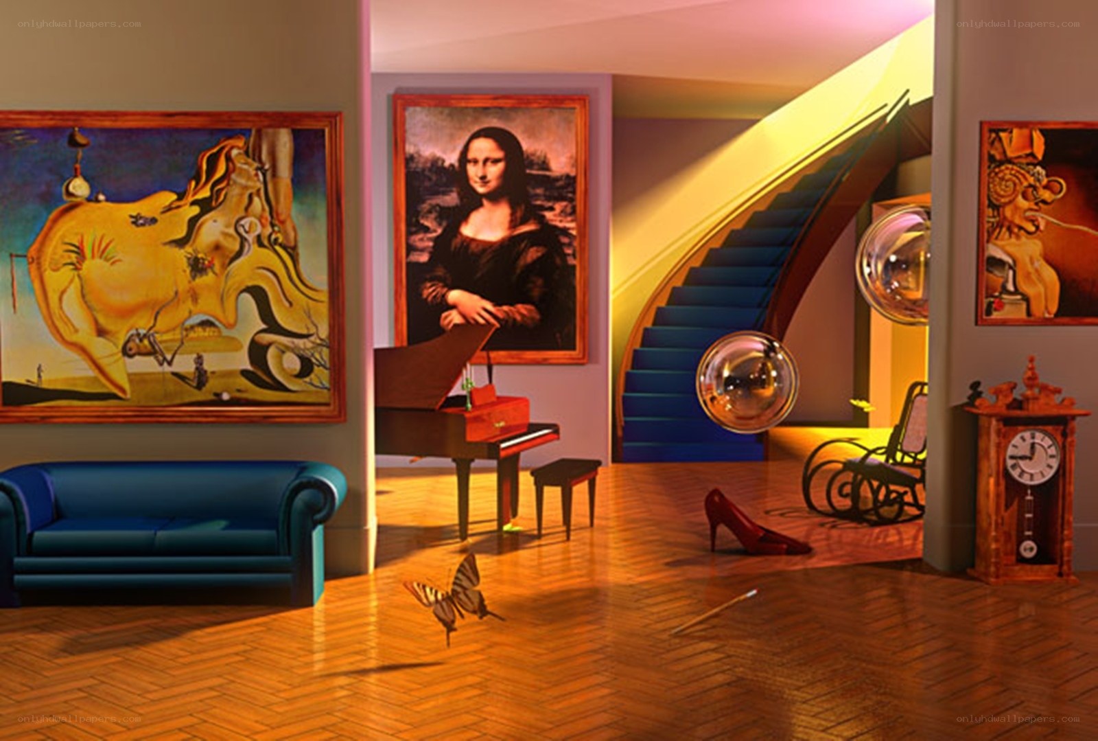 Surreal art gallery interior