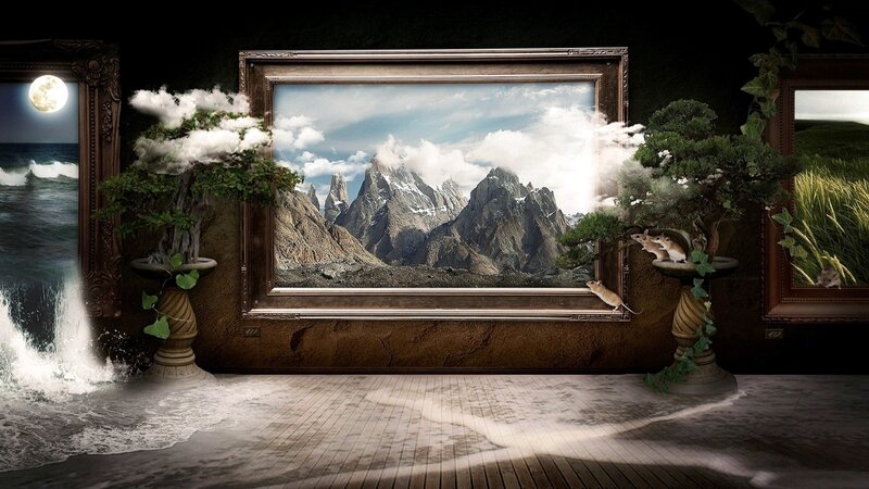 Surreal art gallery with nature scenes