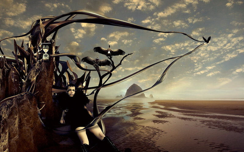 surreal beach scene with figure