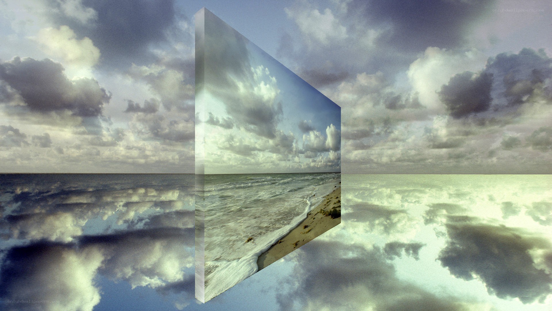 Surreal beach scene with floating canvas