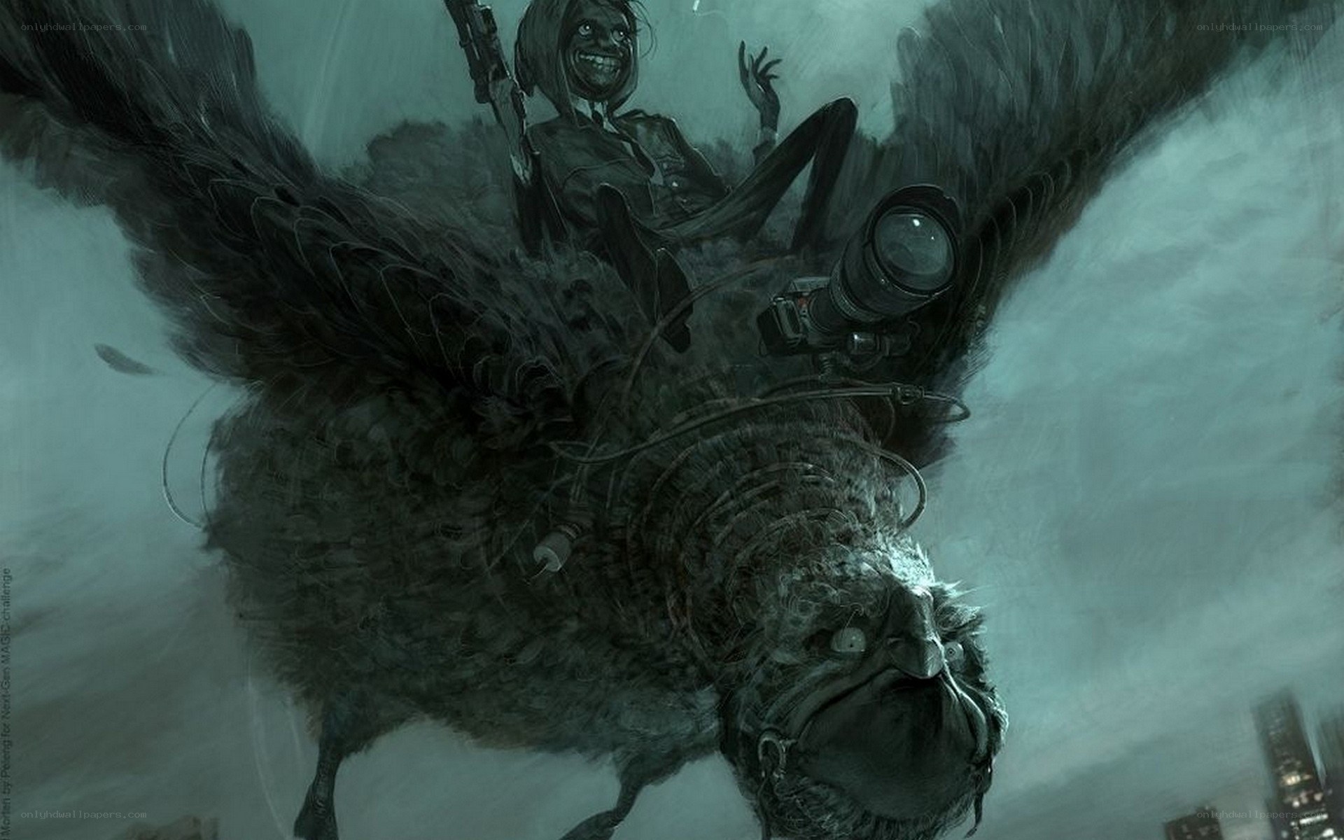 surreal bird rider with camera
