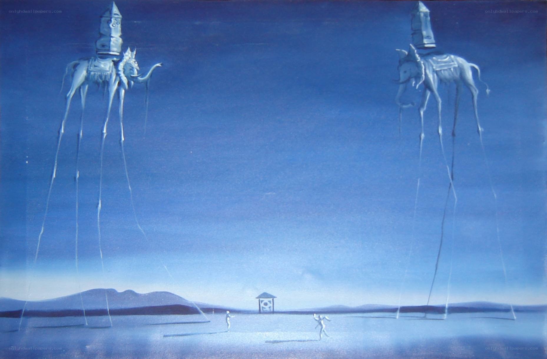 Surreal blue landscape with giant creatures