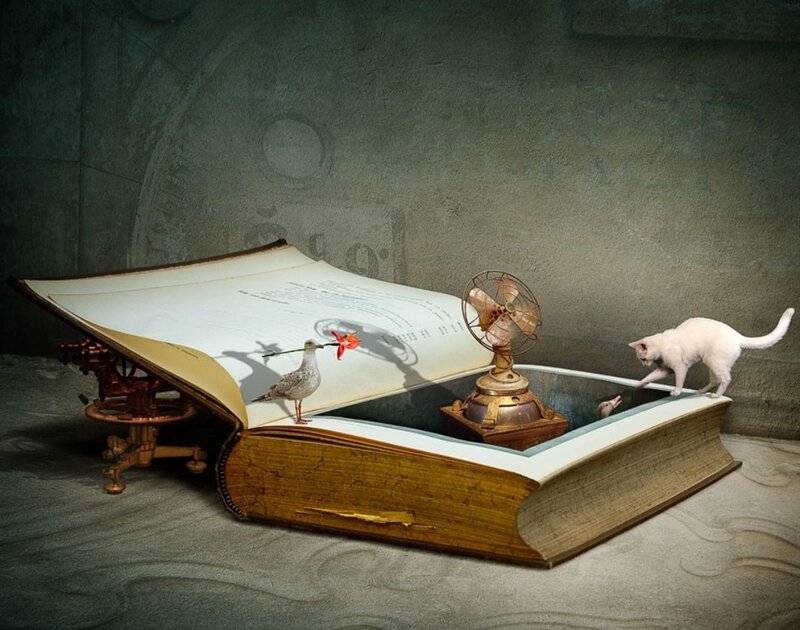 Surreal book scene with animals