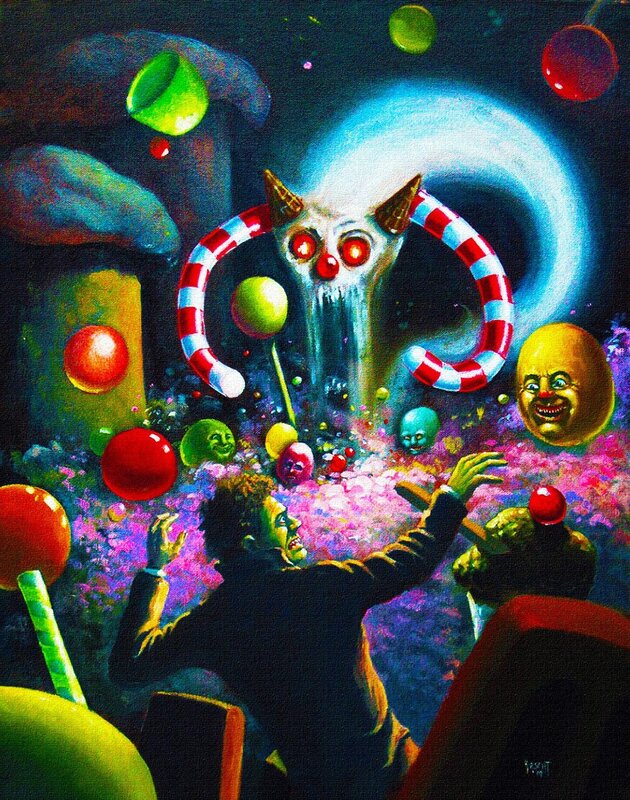 surreal candy monster scene