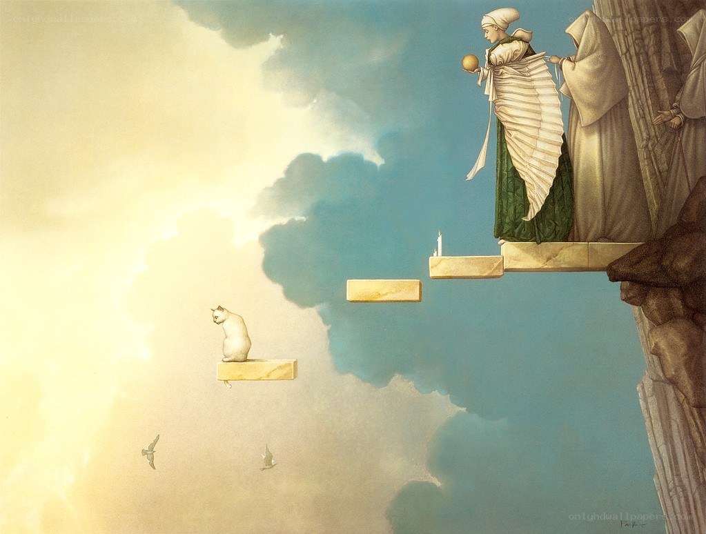 Surreal cat and figures on floating steps