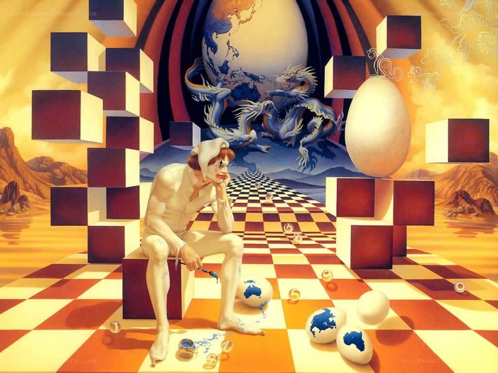 Surreal chessboard scene with jester