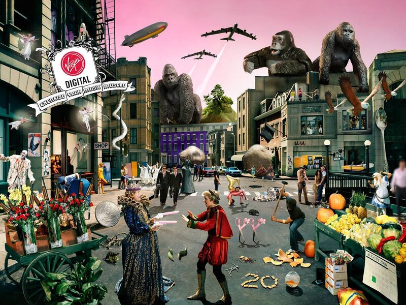 Surreal city chaos scene