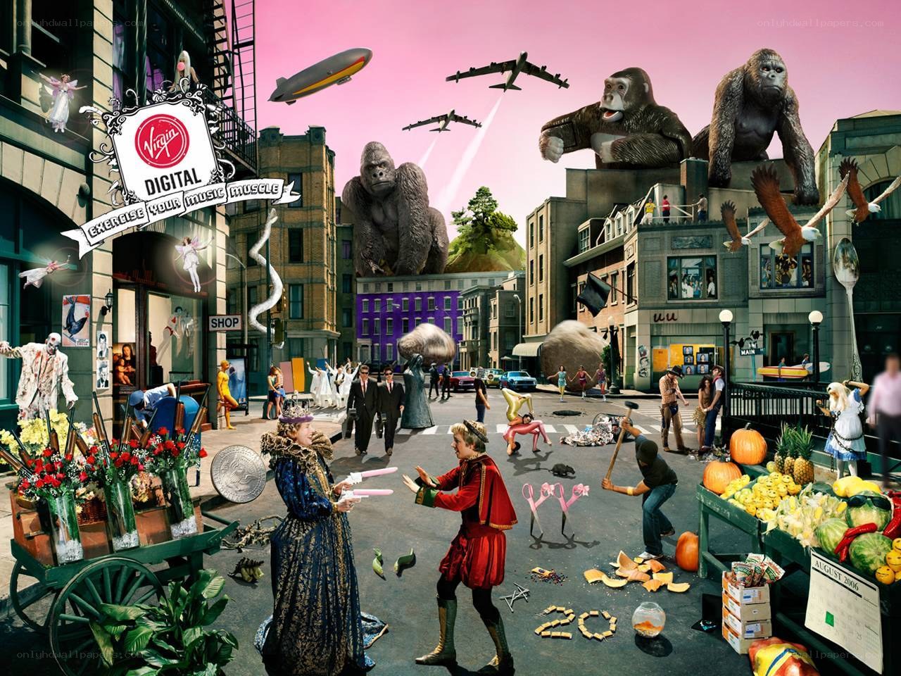 Surreal city chaos scene