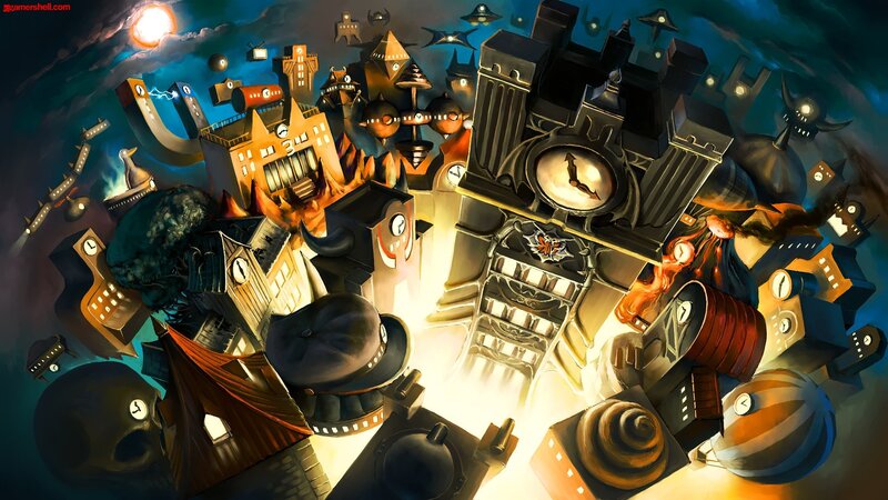 surreal cityscape with clock tower