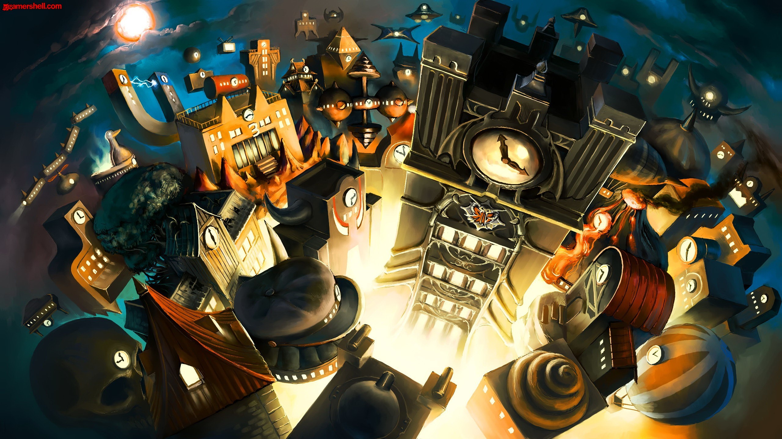 surreal cityscape with clock tower