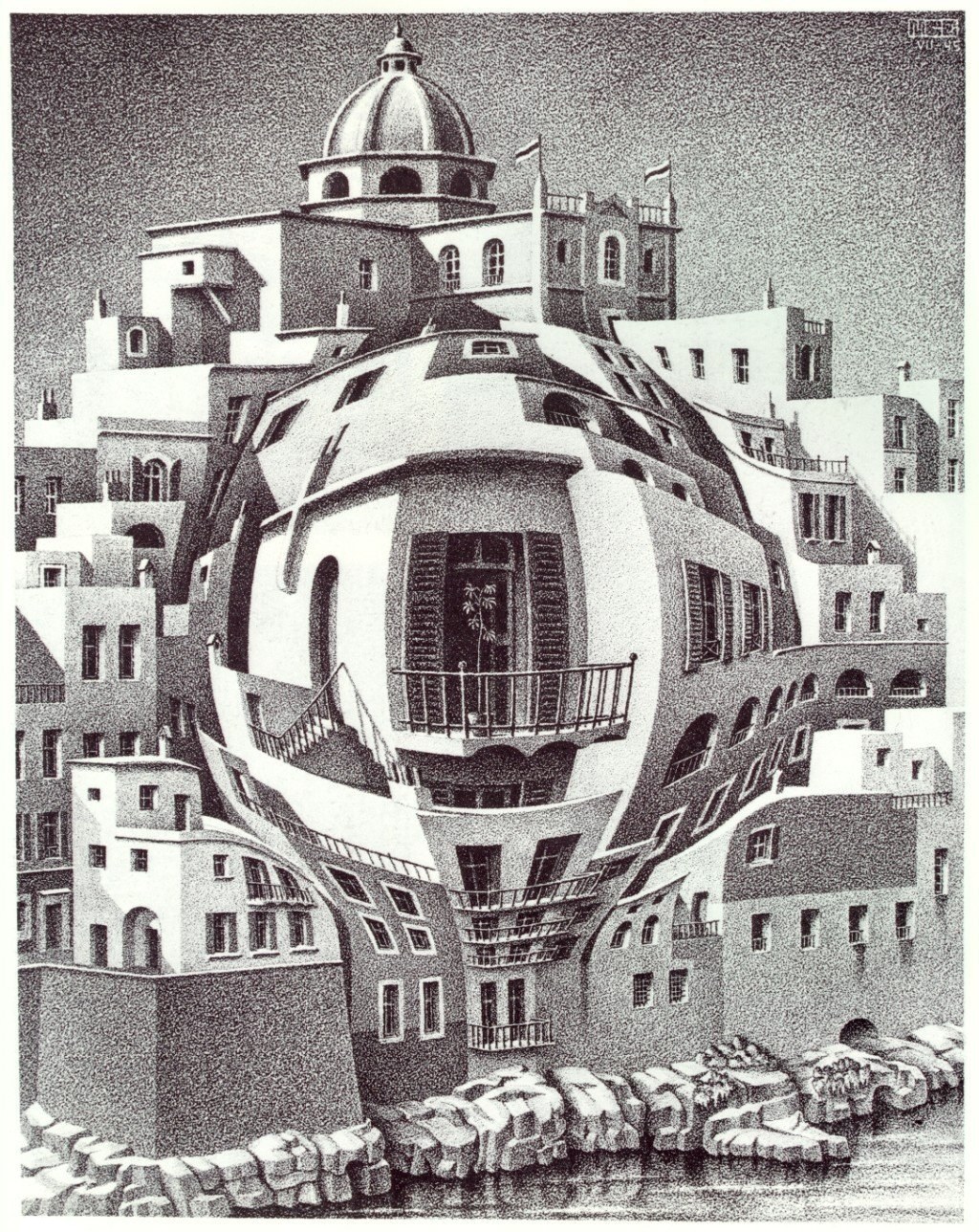 Surreal cityscape with dome