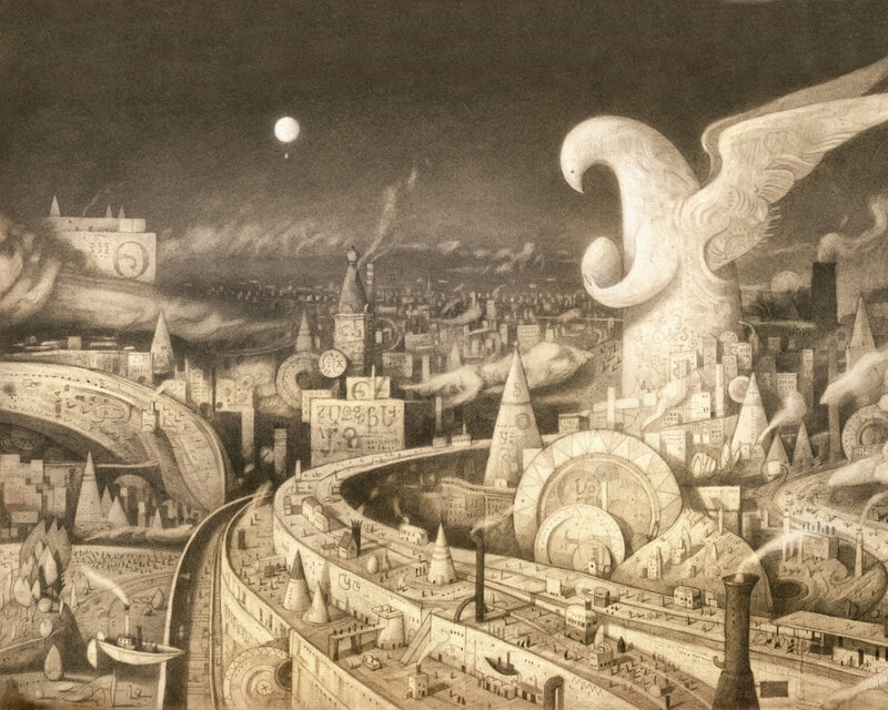 Surreal cityscape with giant bird