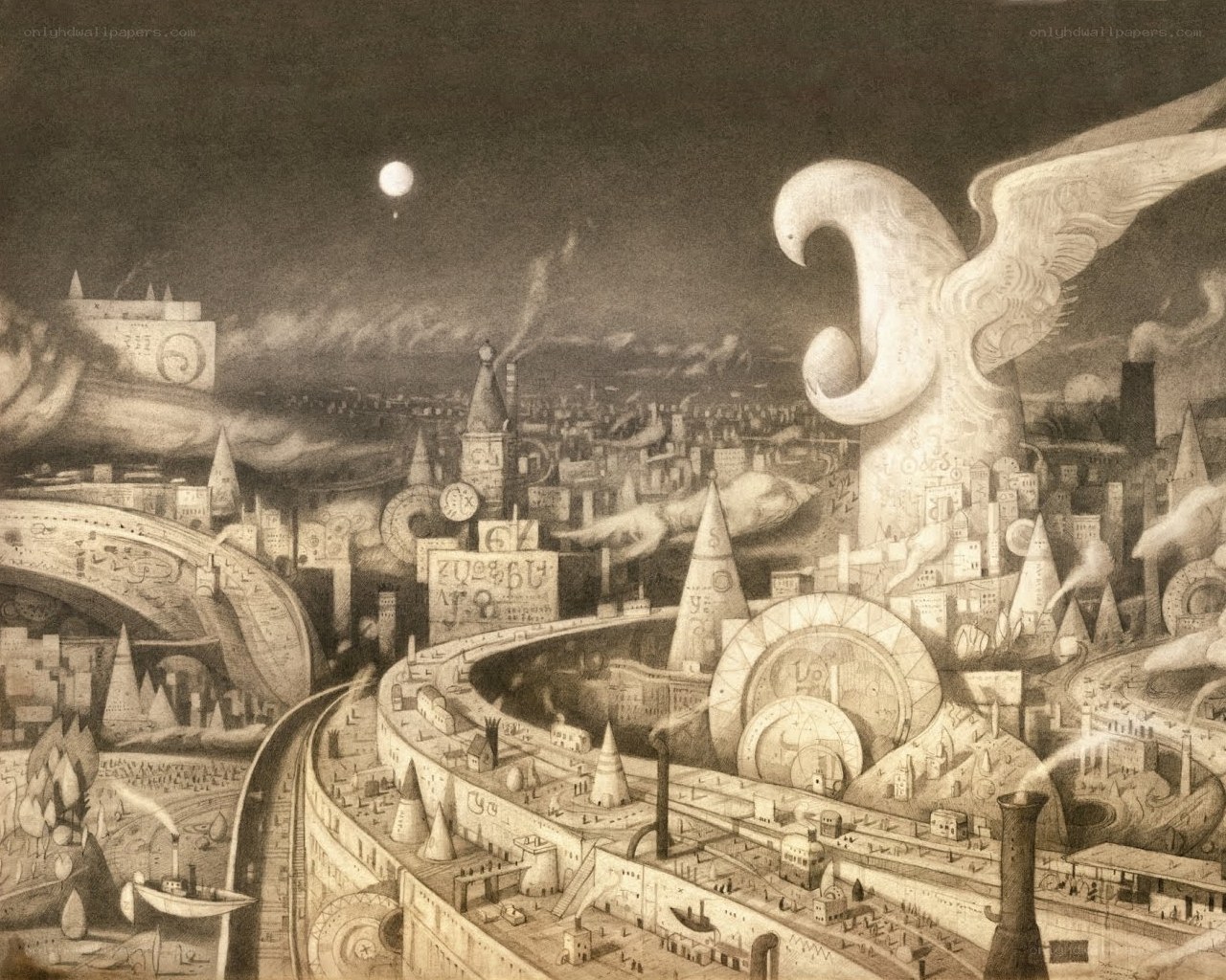 Surreal cityscape with giant bird