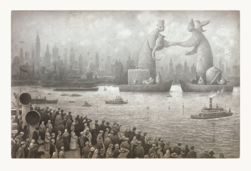 Surreal cityscape with giant figures