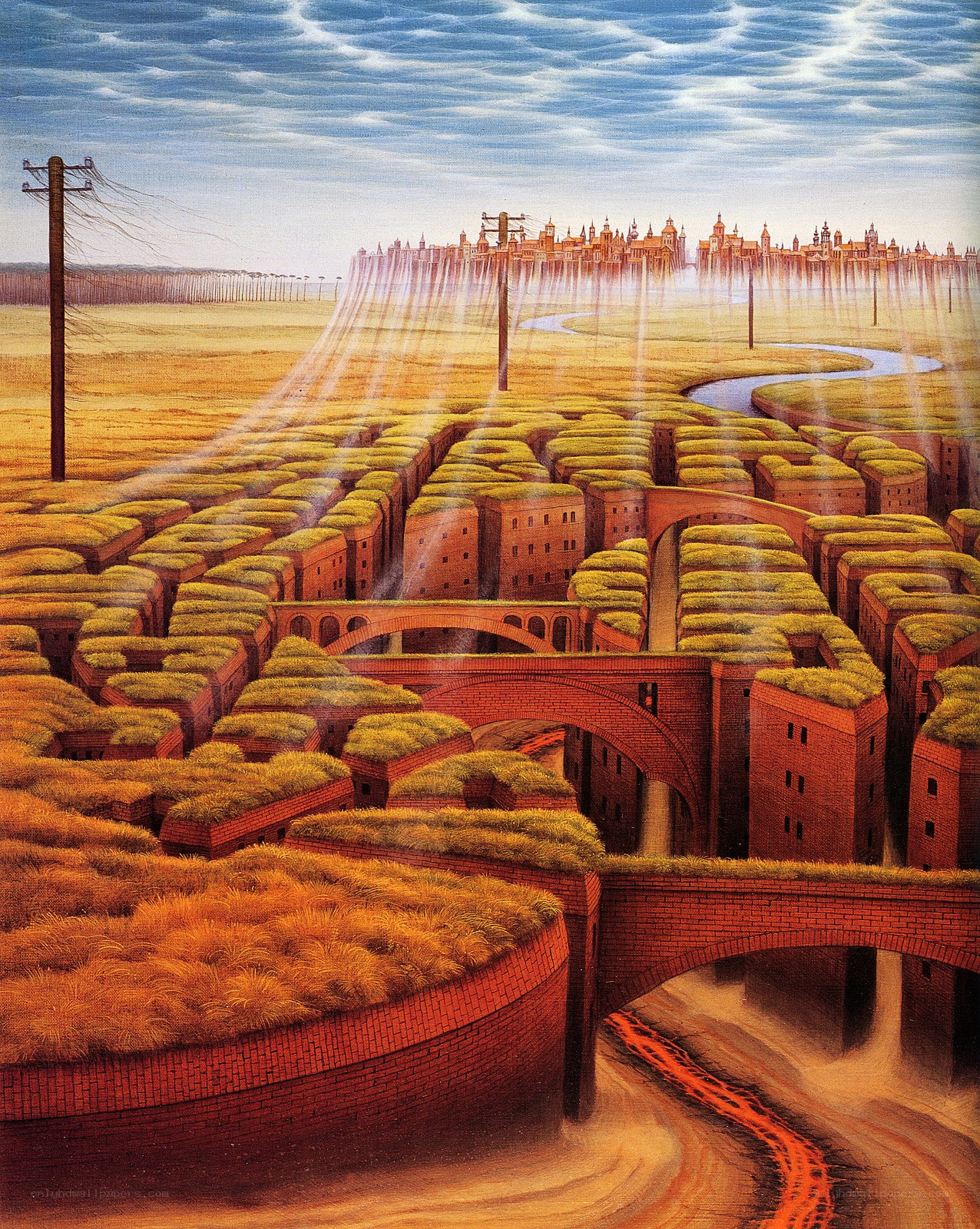 Surreal cityscape with grass roofs
